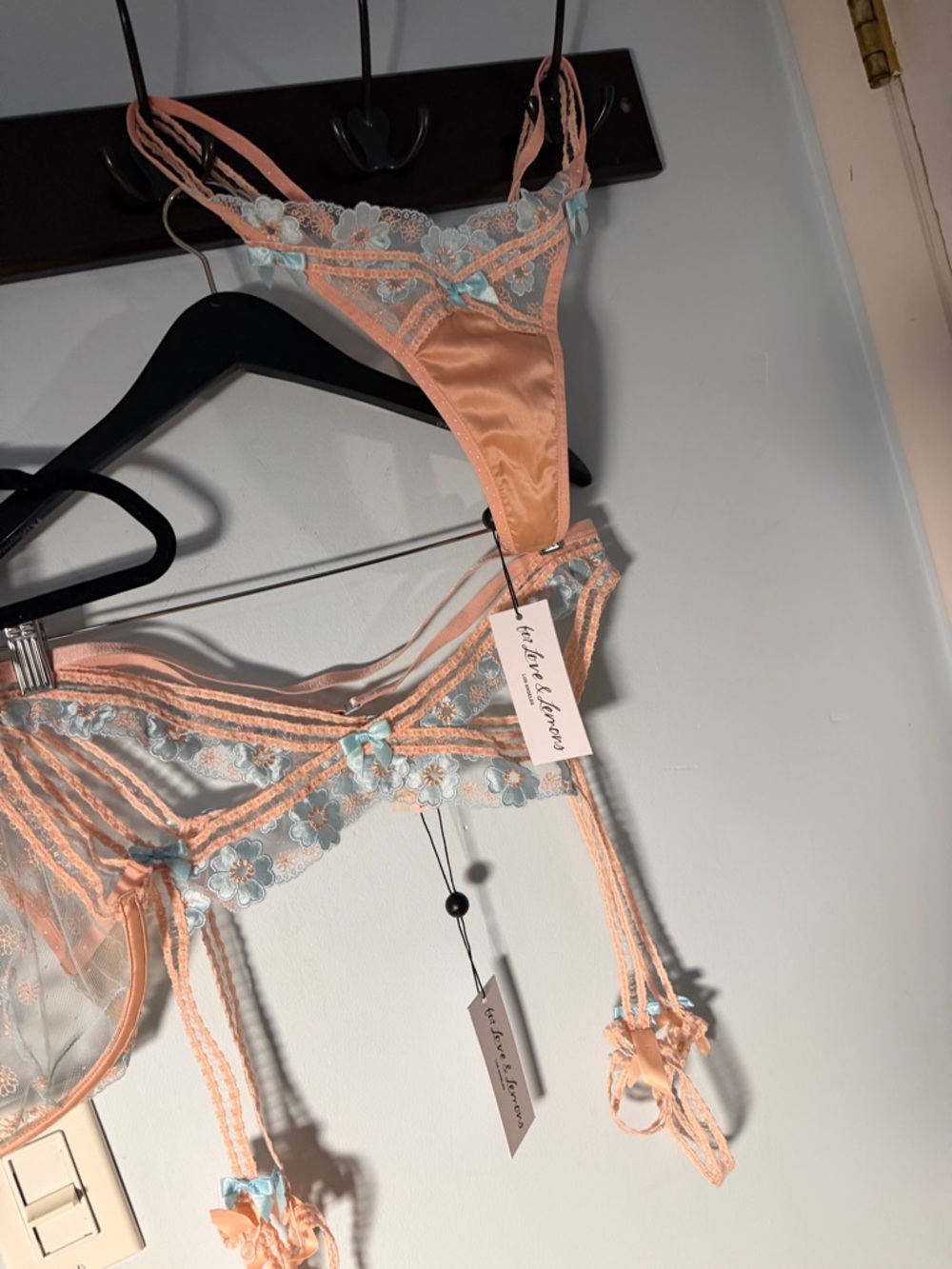 For Love and Lemons Delicate Peach & Blue Floral Lace Lingerie Set - Picture 2 of 10